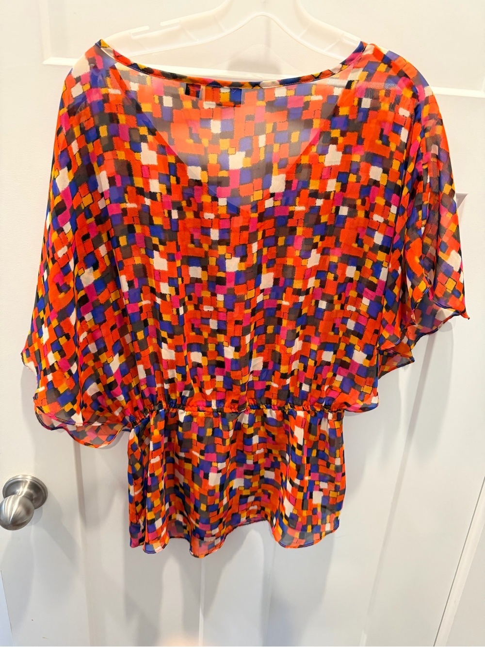 Allen B Large Abstract Print Peplum Blouse Colorful Sheer Flowy Top - Picture 5 of 9